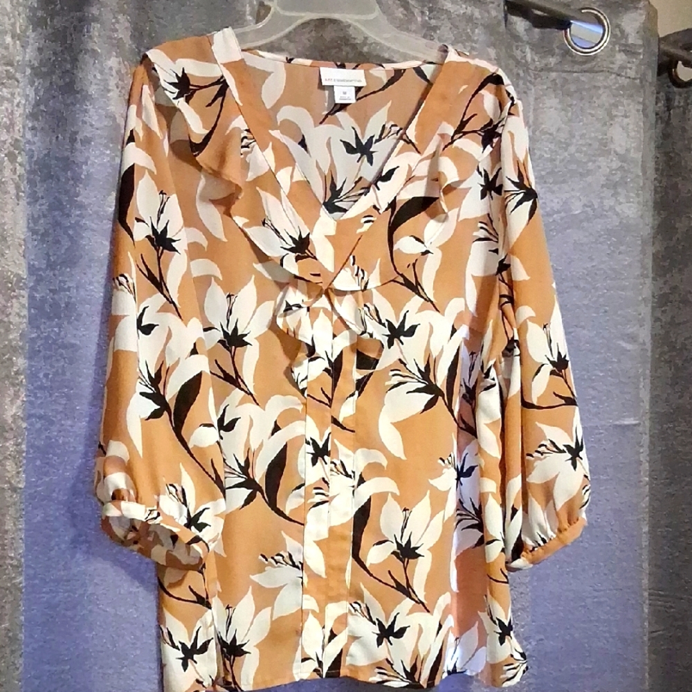 Liz Claiborne Tan and Black Floral Blouse